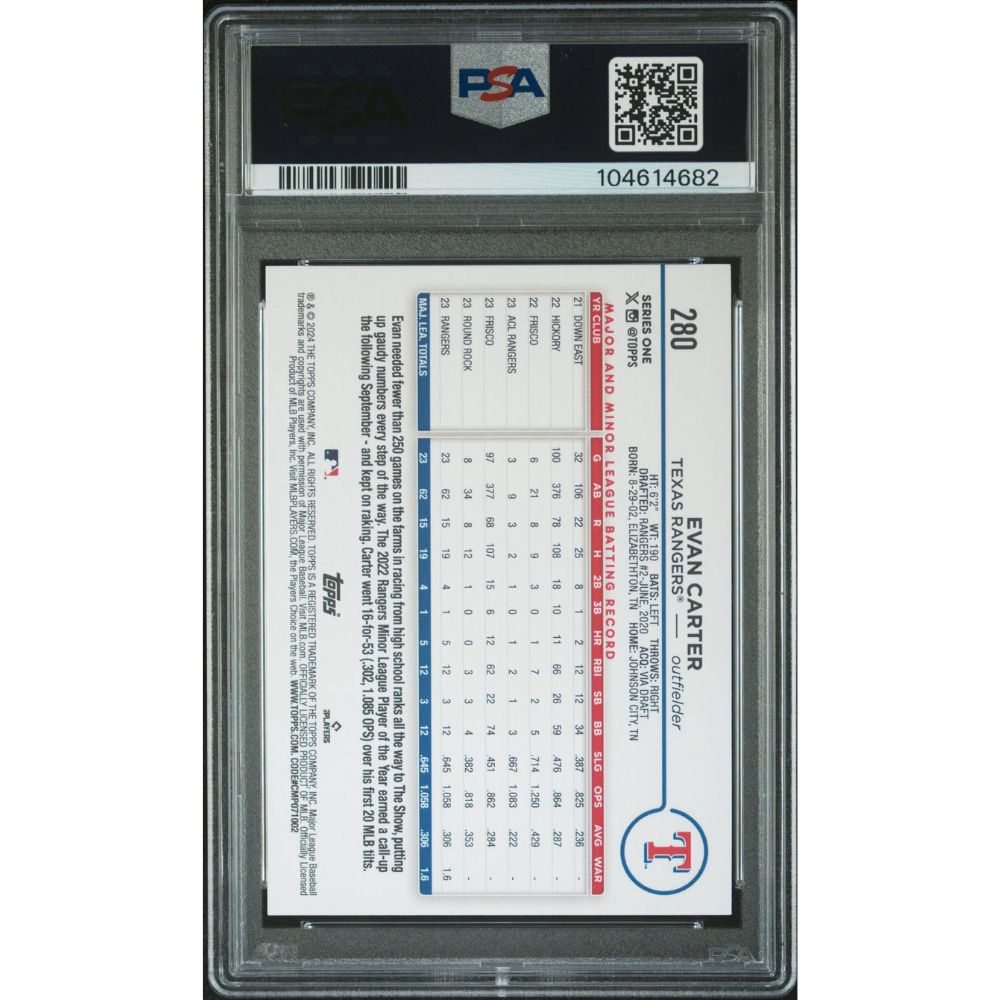 2024 TOPPS 582 MONTGOMERY SET 280 EVAN CARTER PSA 9