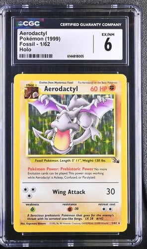 1999 Pokémon English Aerodactyl 1/62 Fossil Unlimited Rare Galaxy Star Holo CGC 6