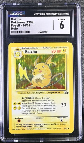 1999 Pokémon English Raichu 14/62 Fossil Unlimited Rare Holo CGC 6